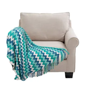 SOGA 170cm Blue Zigzag Striped Throw Blanket Acrylic Wave Knitted Fringed Woven Cover Couch Bed Sofa Home Decor