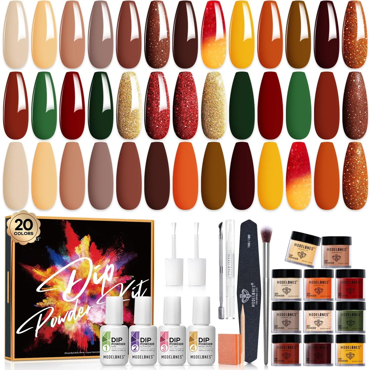 32-Piece Nail Dip Powder Kit - 20 Stunning Colors, Base & Top Coats, Tools for DIY Nail Art