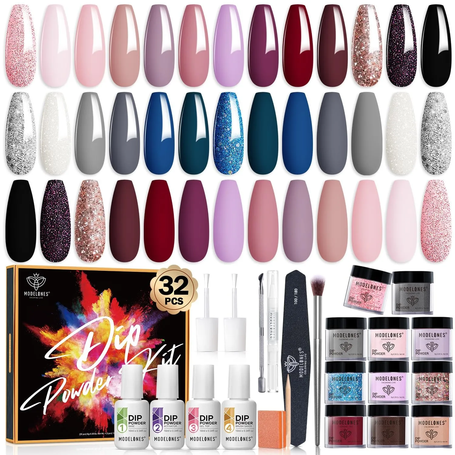 32-Piece Nail Dip Powder Kit - 20 Stunning Colors, Base & Top Coats, Tools for DIY Nail Art