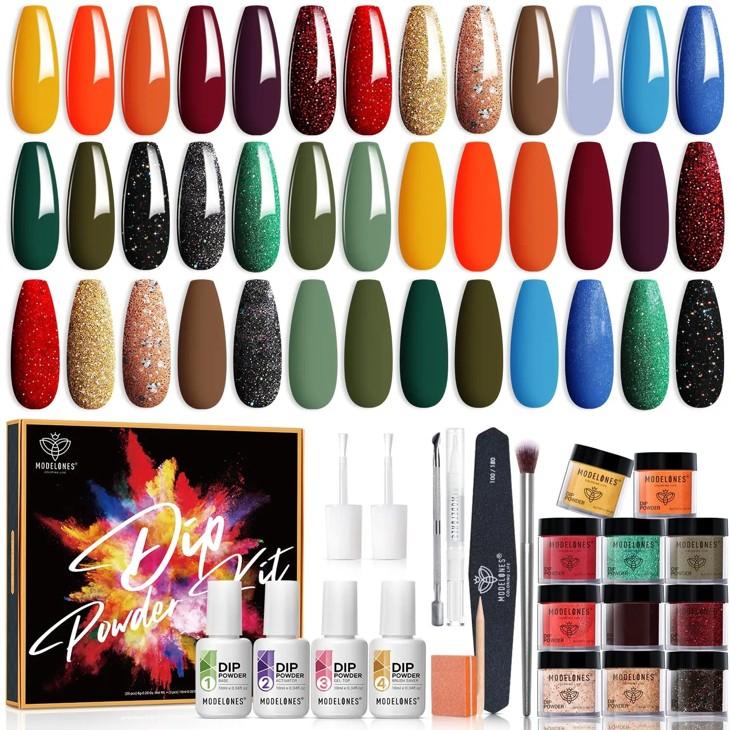 32-Piece Nail Dip Powder Kit - 20 Stunning Colors, Base & Top Coats, Tools for DIY Nail Art