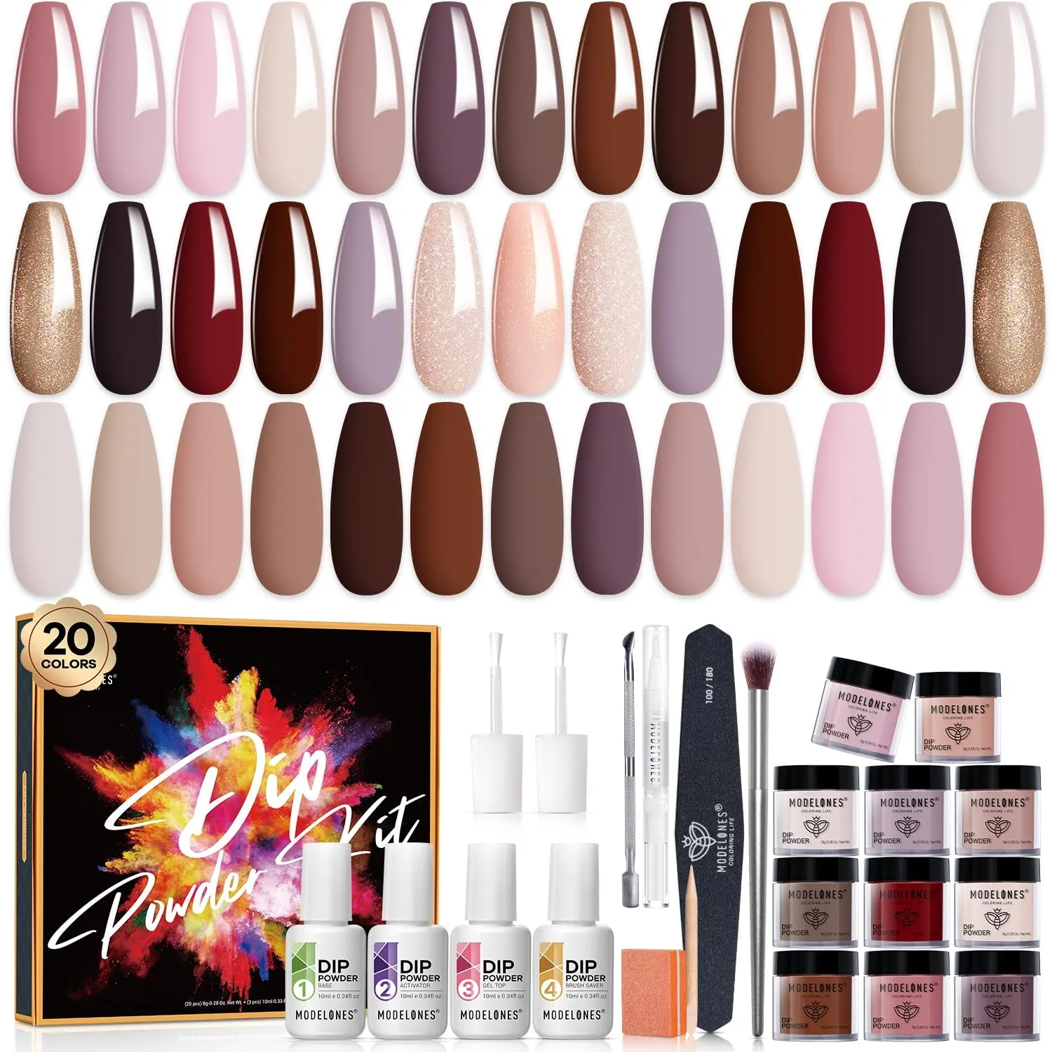 32-Piece Nail Dip Powder Kit - 20 Stunning Colors, Base & Top Coats, Tools for DIY Nail Art