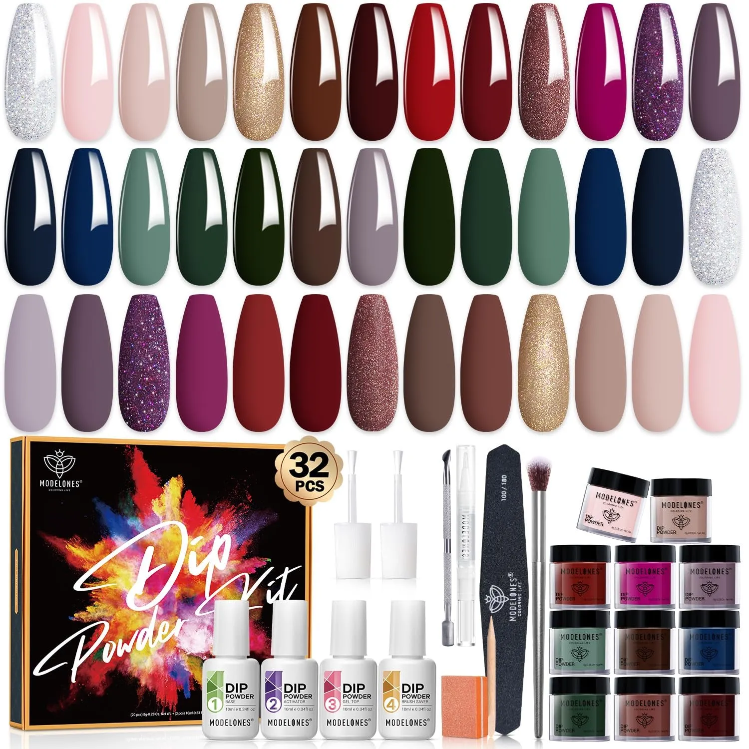 32-Piece Nail Dip Powder Kit - 20 Stunning Colors, Base & Top Coats, Tools for DIY Nail Art