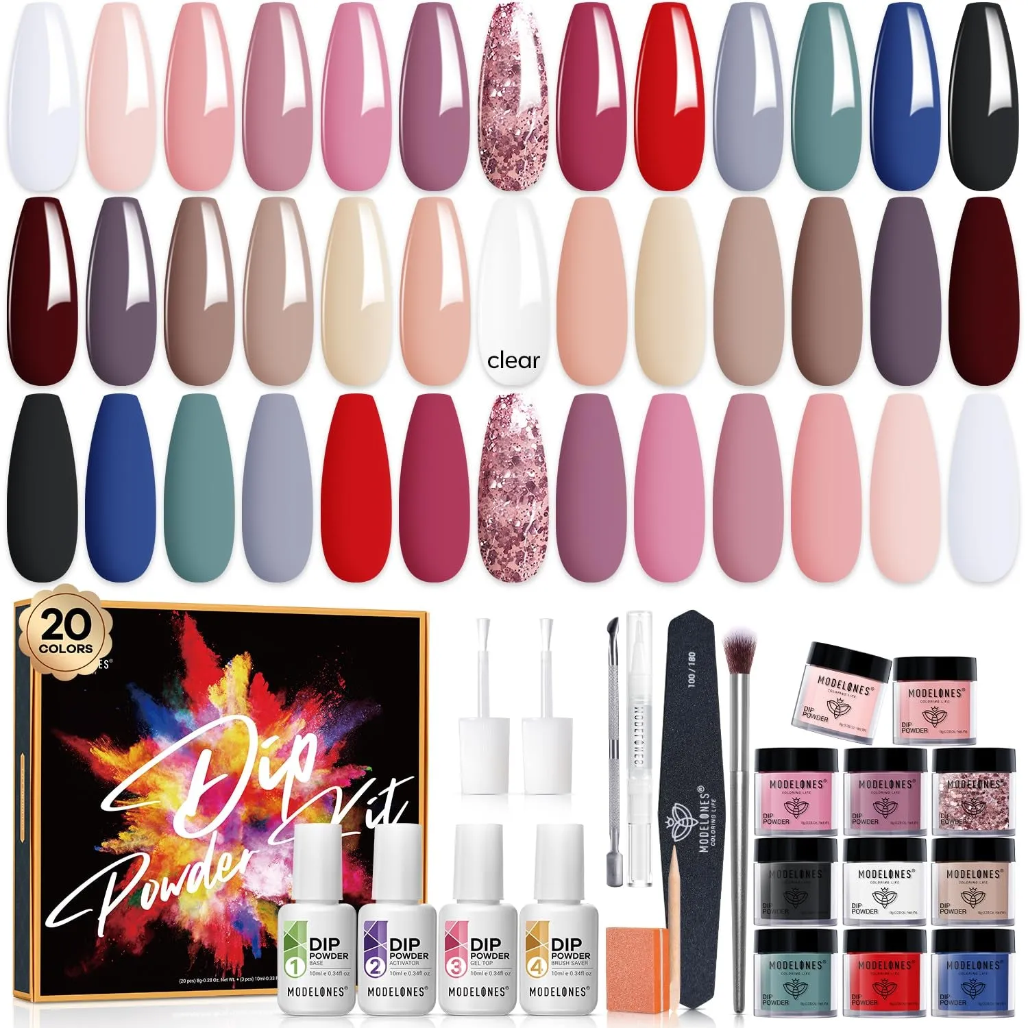 32-Piece Nail Dip Powder Kit - 20 Stunning Colors, Base & Top Coats, Tools for DIY Nail Art