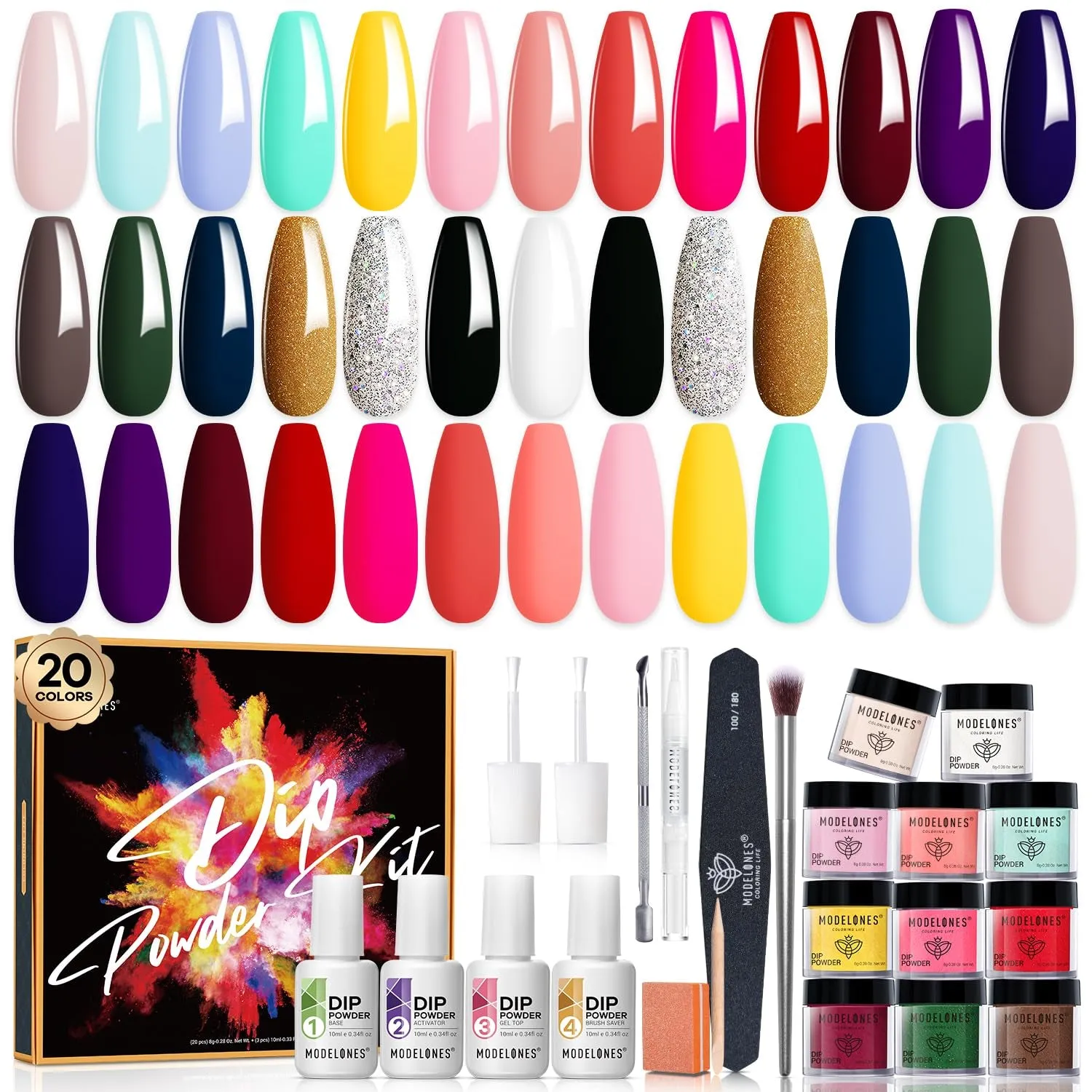 32-Piece Nail Dip Powder Kit - 20 Stunning Colors, Base & Top Coats, Tools for DIY Nail Art