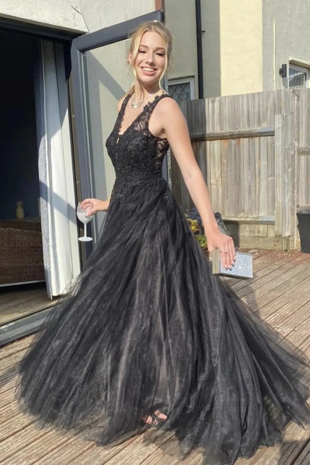 A Line V Neck Black Lace Long Prom Dresses, Black Lace Formal Dresses, Black Evening Dresses