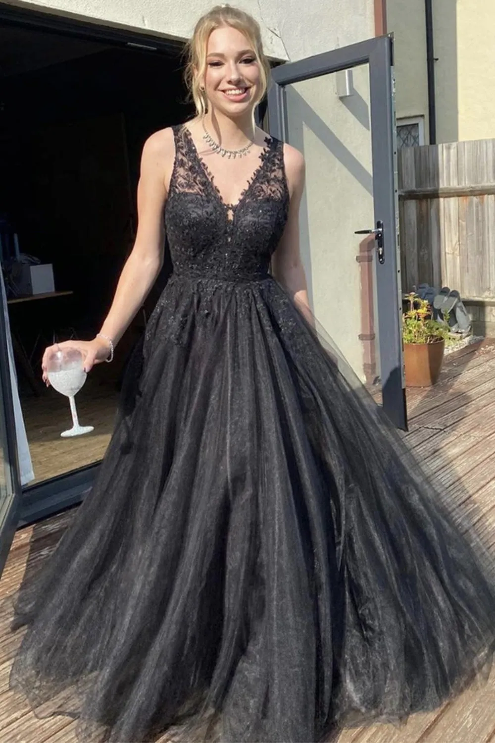 A Line V Neck Black Lace Long Prom Dresses, Black Lace Formal Dresses, Black Evening Dresses