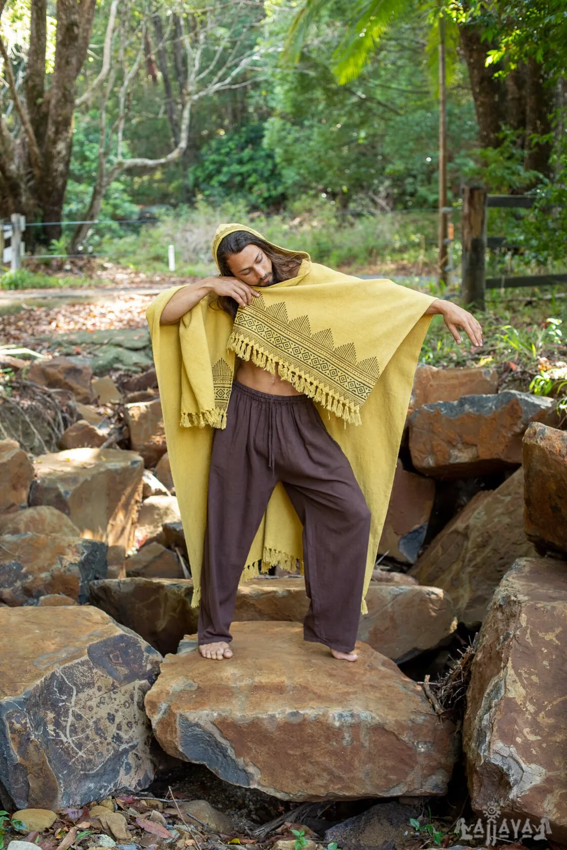 ANAGAMI Mustard Yellow Hooded Kimono Cape Poncho Robe Block Printed Natural Dyed Ceremony Ritual Shaman Tribal Alchemy Sacred Shawl AJJAYA