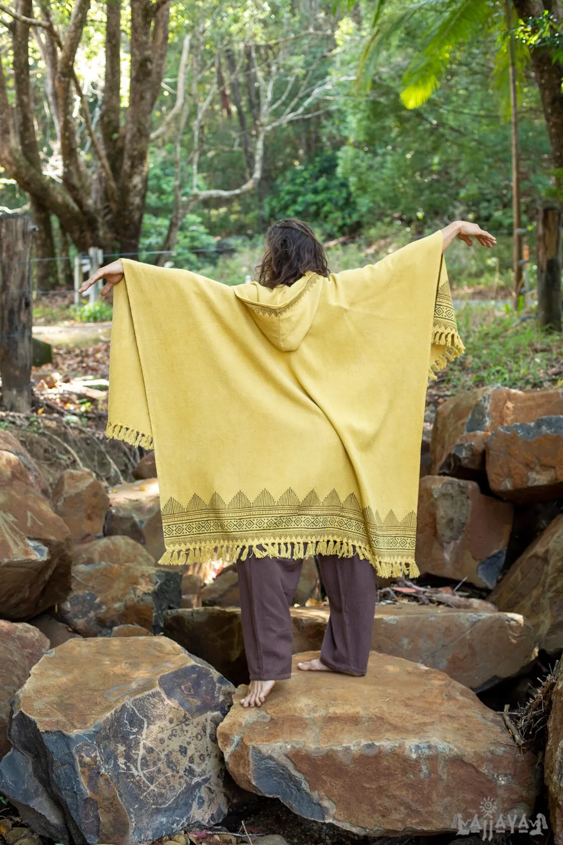 ANAGAMI Mustard Yellow Hooded Kimono Cape Poncho Robe Block Printed Natural Dyed Ceremony Ritual Shaman Tribal Alchemy Sacred Shawl AJJAYA