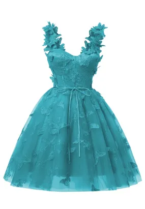 Aqua Blue 3D Butterfly Lace Applique Tulle Homecoming Dress for Teens Sweetheart Mini Short Prom Dresses