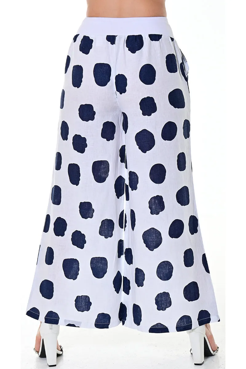 Azucar Ladies 100% Linen Pants w/Wide Leg & Wide Waist Band. Polka-Dot Print/Cloud in (2) Colors -LLWP104