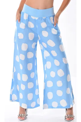 Azucar Ladies 100% Linen Pants w/Wide Leg & Wide Waist Band. Polka-Dot Print/Cloud in (2) Colors -LLWP104