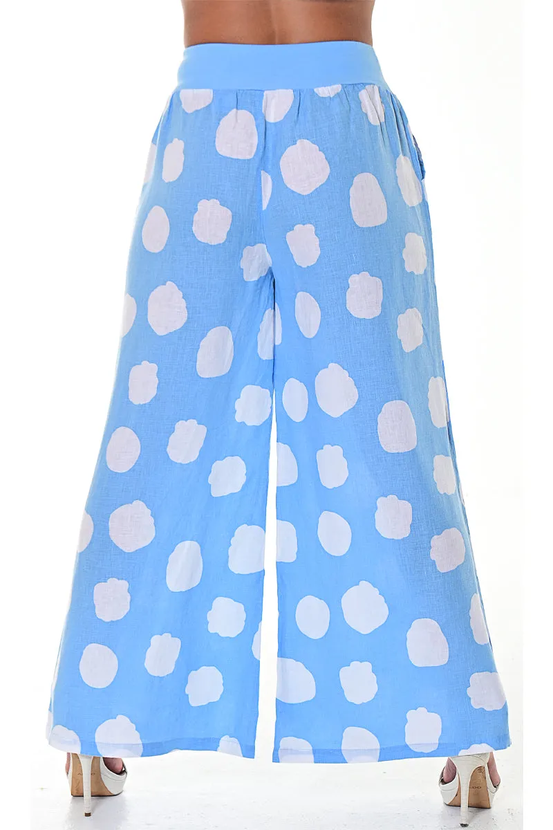 Azucar Ladies 100% Linen Pants w/Wide Leg & Wide Waist Band. Polka-Dot Print/Cloud in (2) Colors -LLWP104