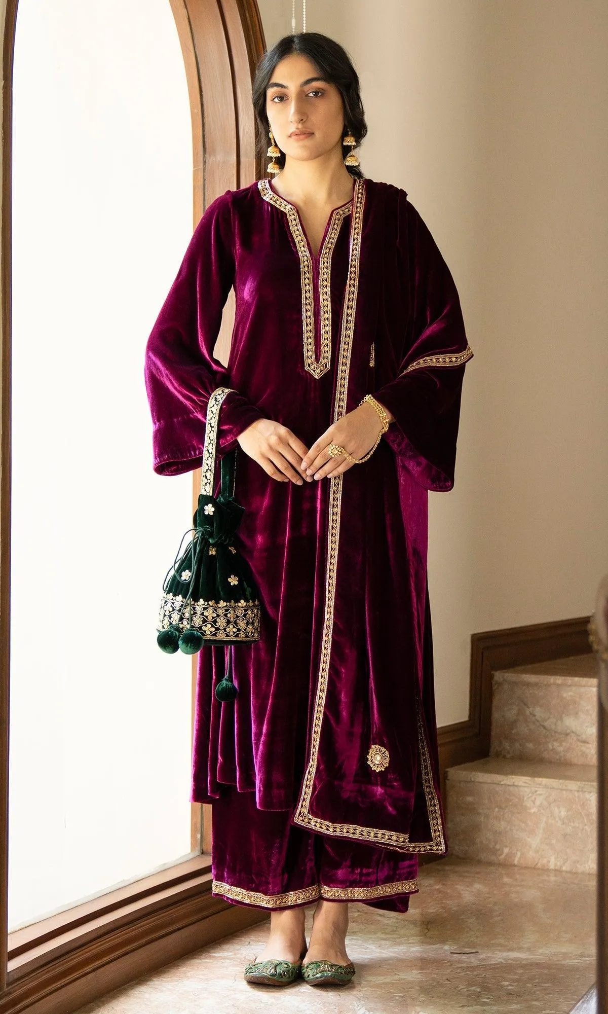 Bareen embroidered - Deep Orchid peacock side pockets velvet kurta with palazzo and shawl - Set of 3 RTS