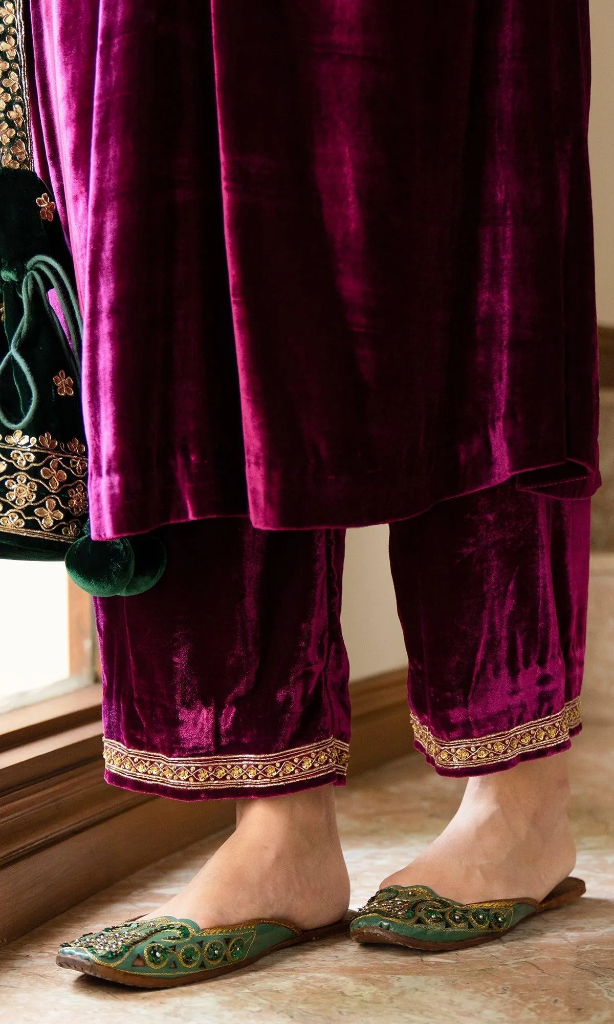 Bareen embroidered - Deep Orchid peacock side pockets velvet kurta with palazzo and shawl - Set of 3 RTS