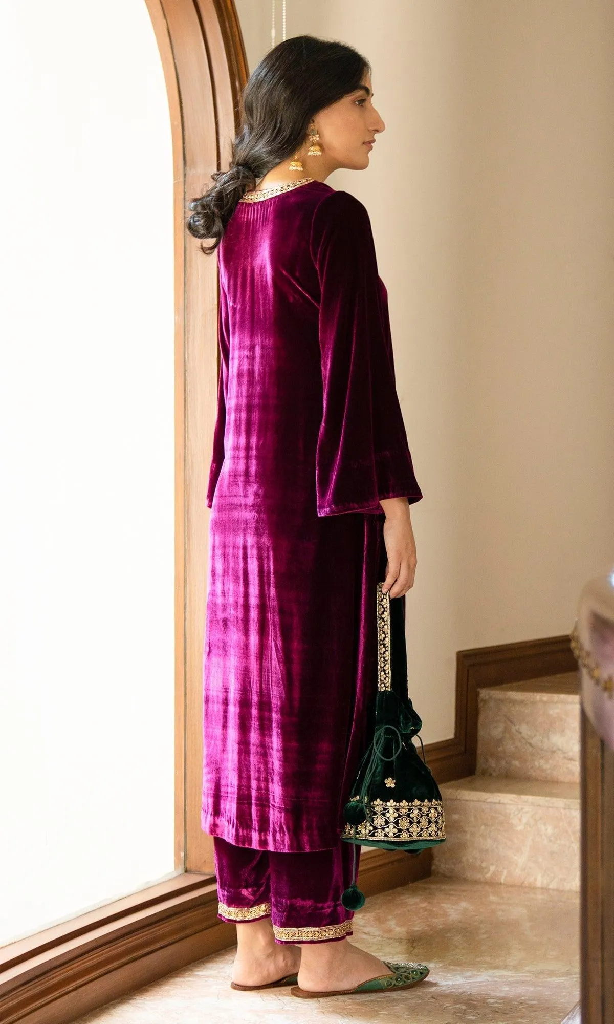 Bareen embroidered - Deep Orchid peacock side pockets velvet kurta with palazzo and shawl - Set of 3 RTS