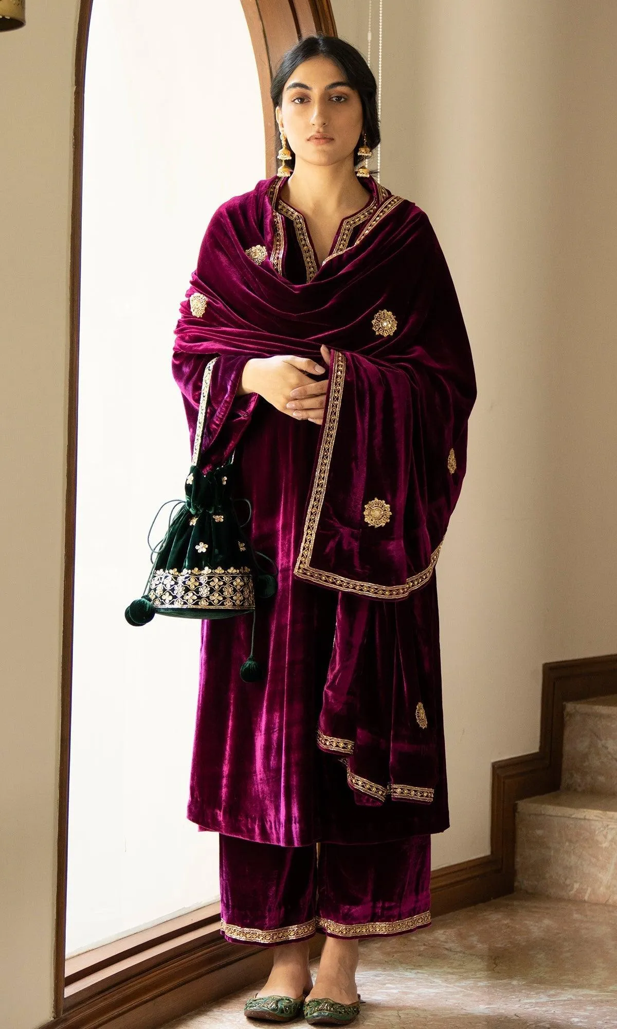 Bareen embroidered - Deep Orchid peacock side pockets velvet kurta with palazzo and shawl - Set of 3 RTS