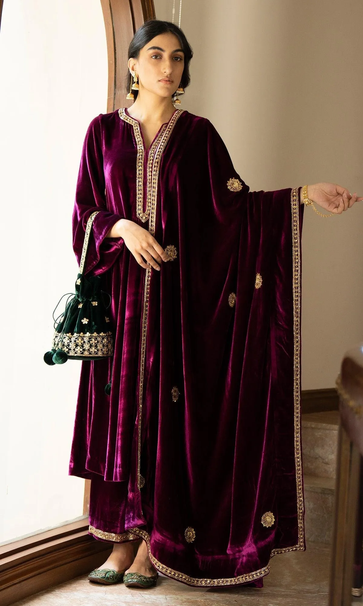 Bareen embroidered - Deep Orchid peacock side pockets velvet kurta with palazzo and shawl - Set of 3 RTS