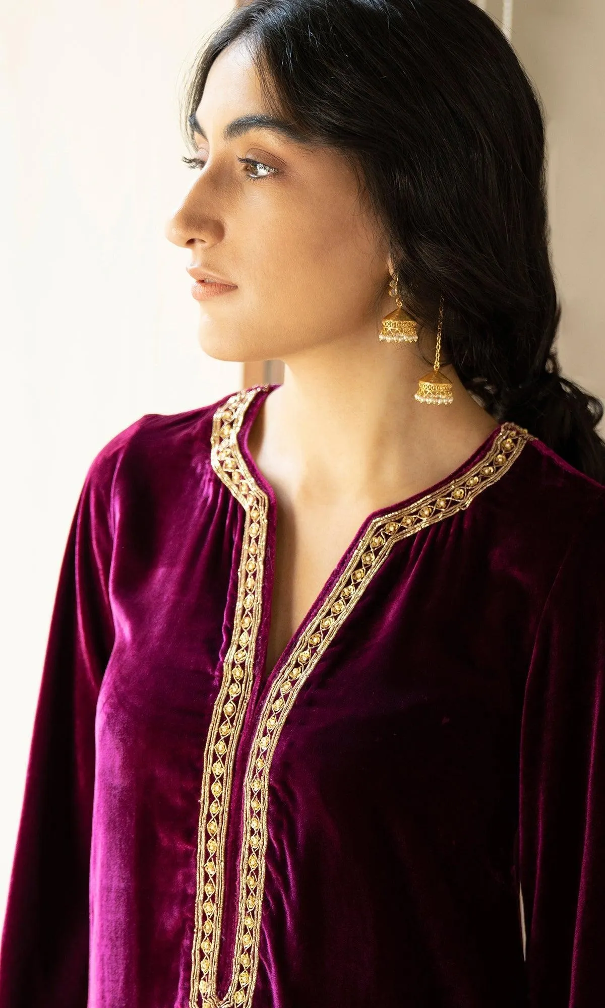 Bareen embroidered - Deep Orchid peacock side pockets velvet kurta with palazzo and shawl - Set of 3 RTS