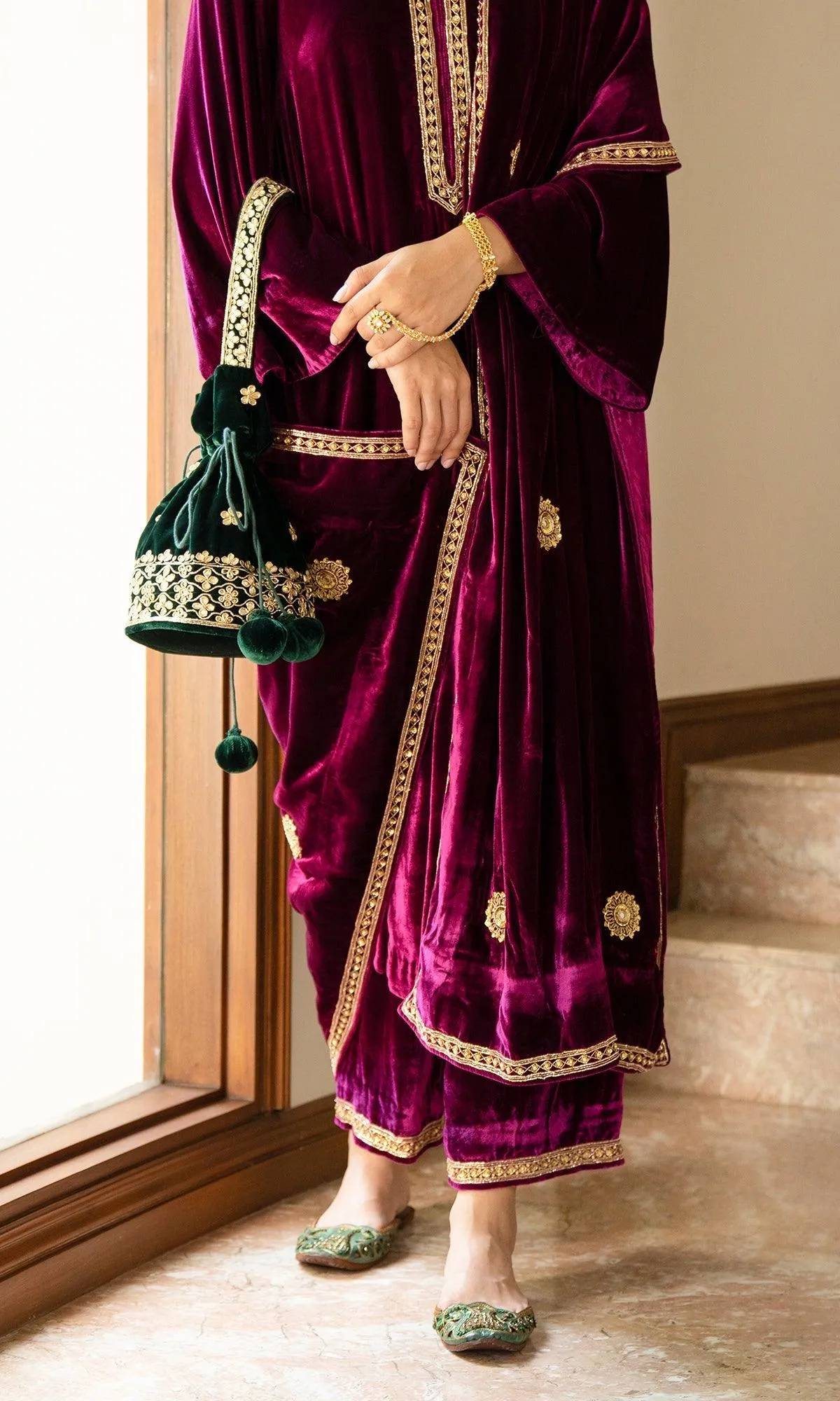 Bareen embroidered - Deep Orchid peacock side pockets velvet kurta with palazzo and shawl - Set of 3 RTS