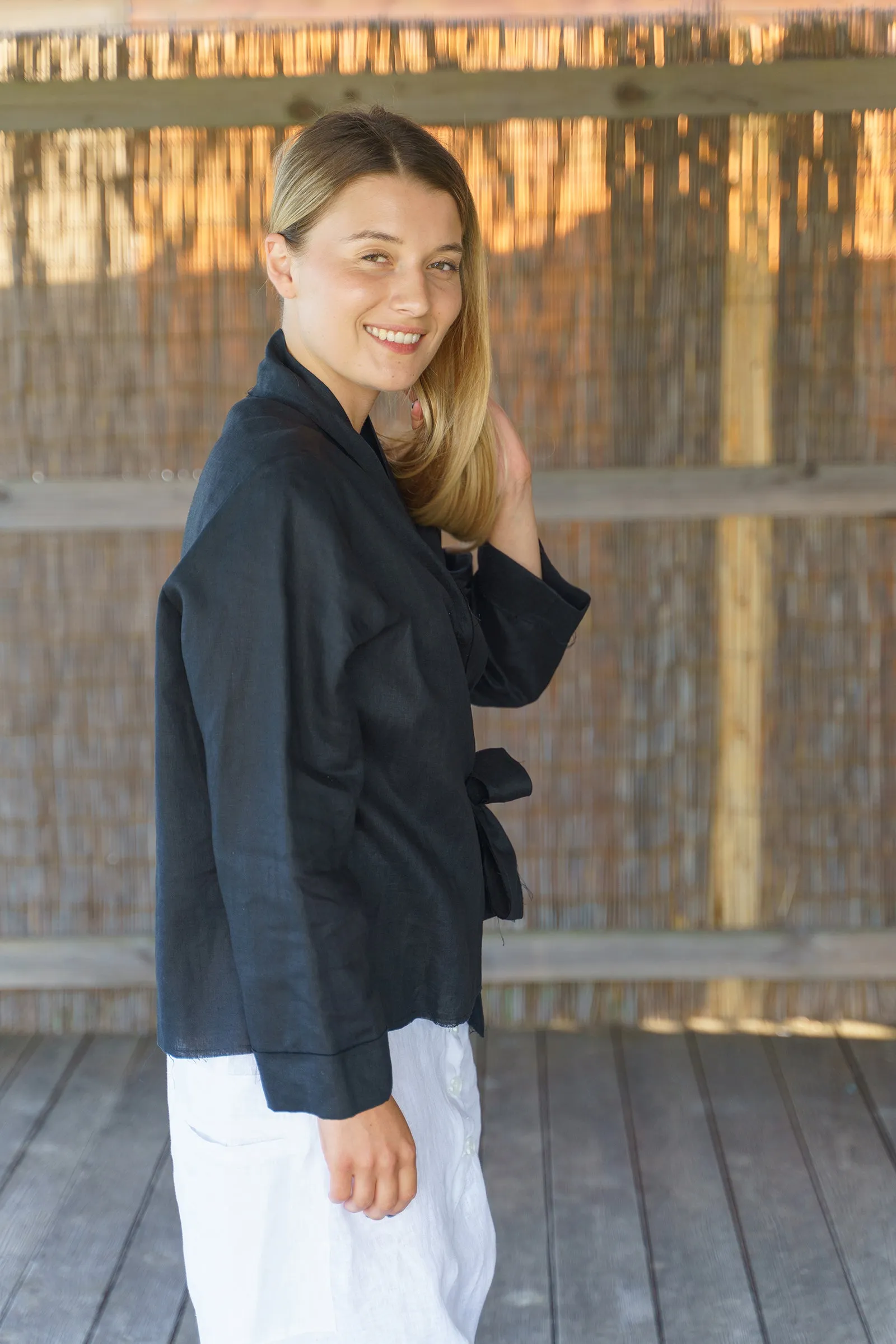 Black Linen Kimono Blazer Women's