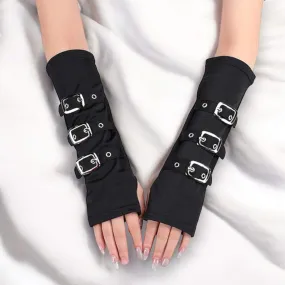 Black Strap Buckled Arm Warmer Gloves