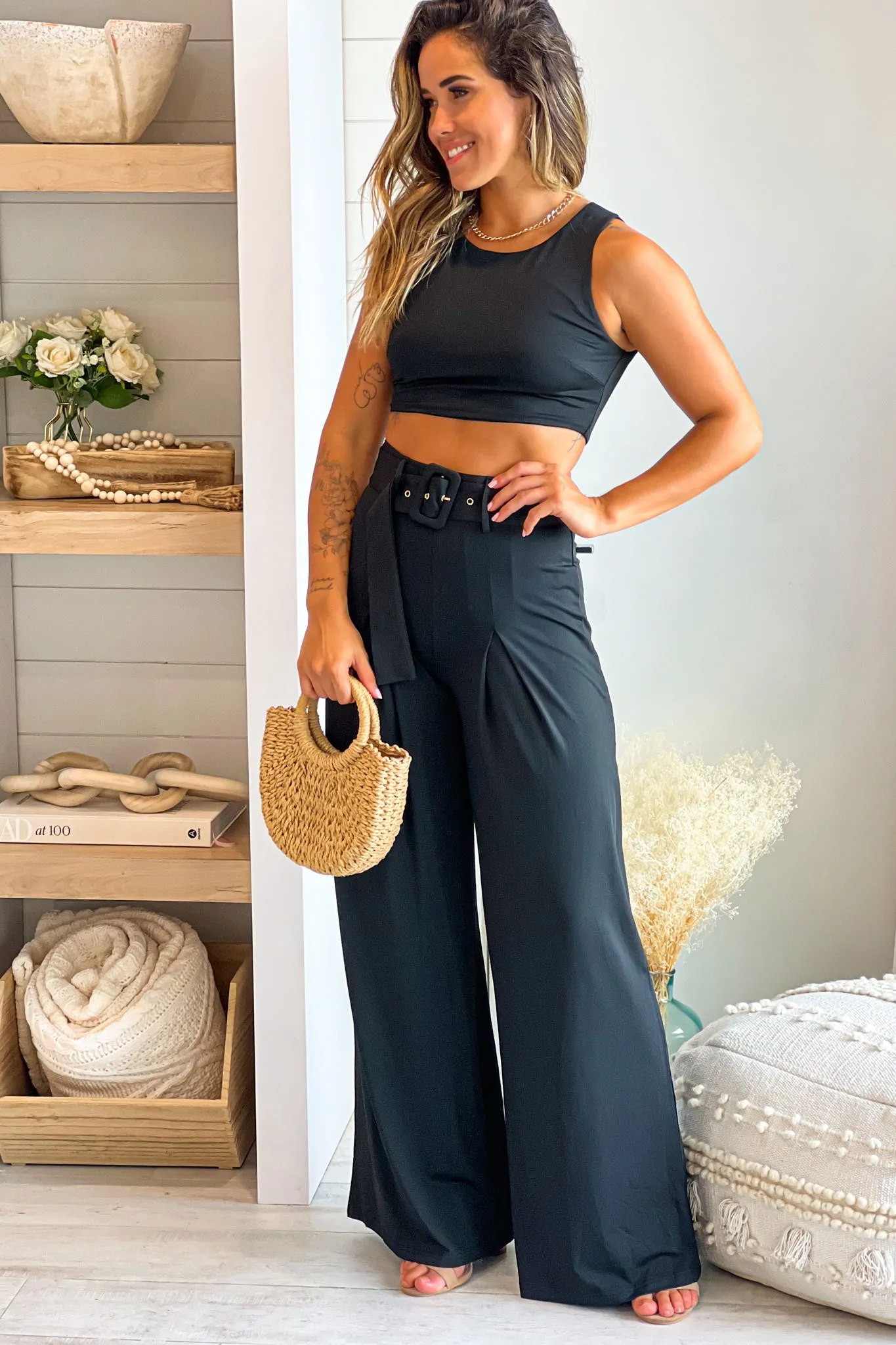 Black Top And Pants Set With Belt