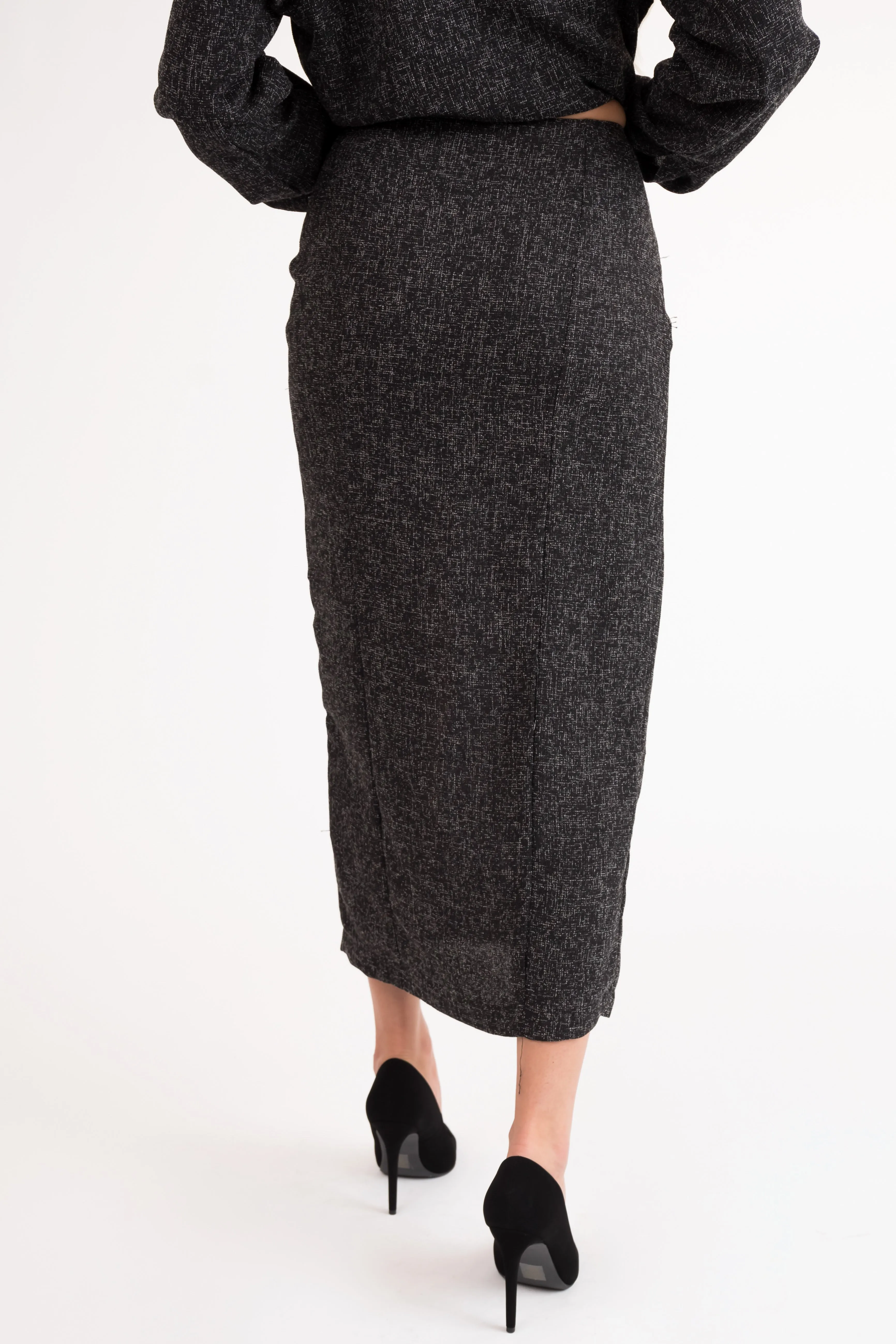 Black Tweed Knee Slit Midi Skirt