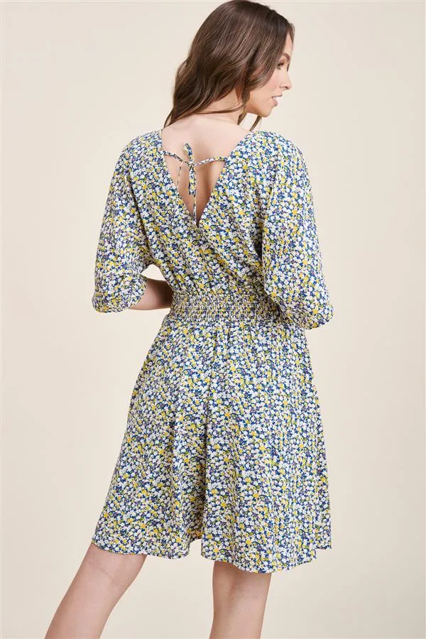 Blue & Yellow Kimono Sleeve Dress