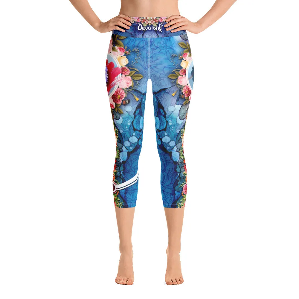 Blue Floral YOGA Capri Leggings Floral Print Capri Leggings Blue Capri Leggings for Yoga, PF