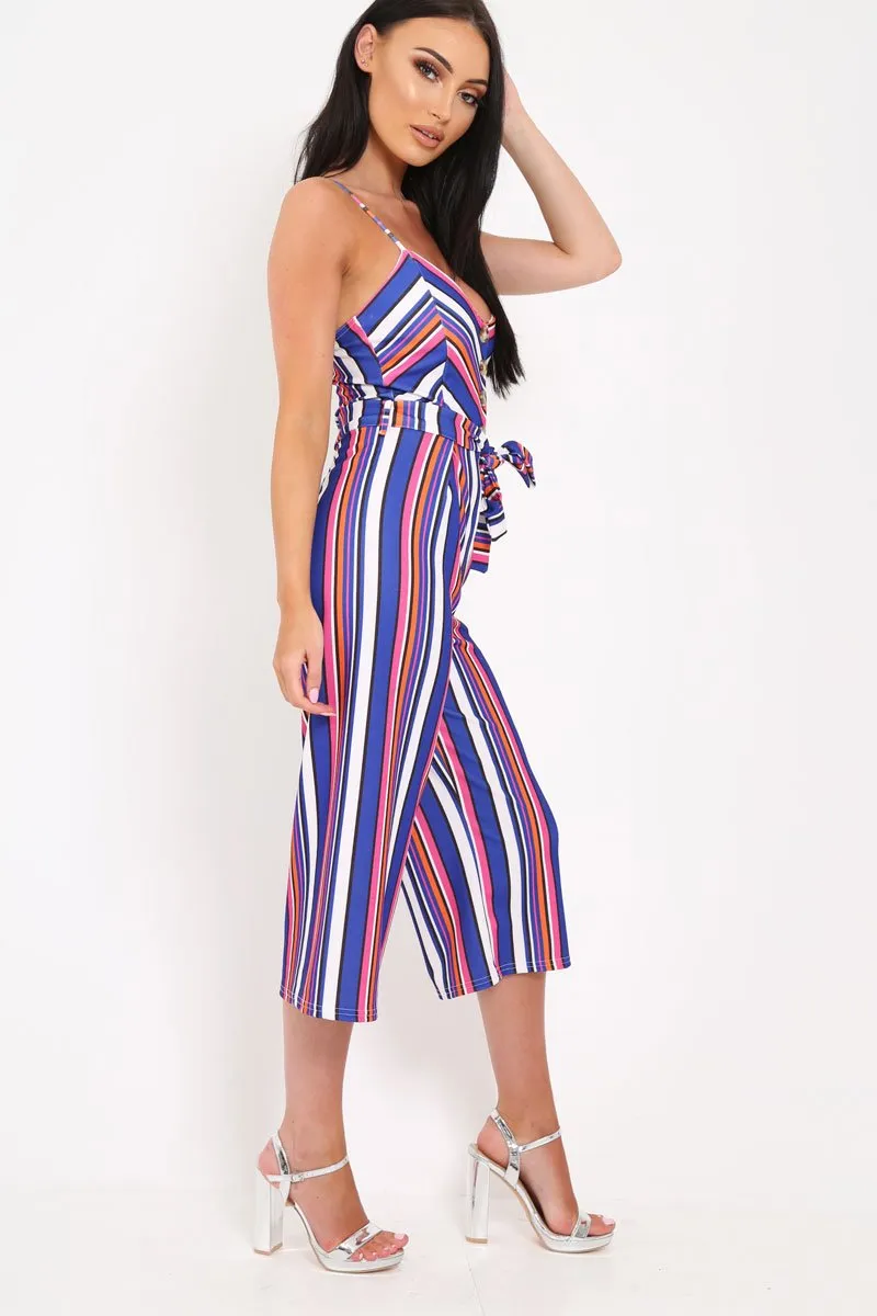 Blue Stripe Button Front Tie Waist Jumpsuit - Tavi