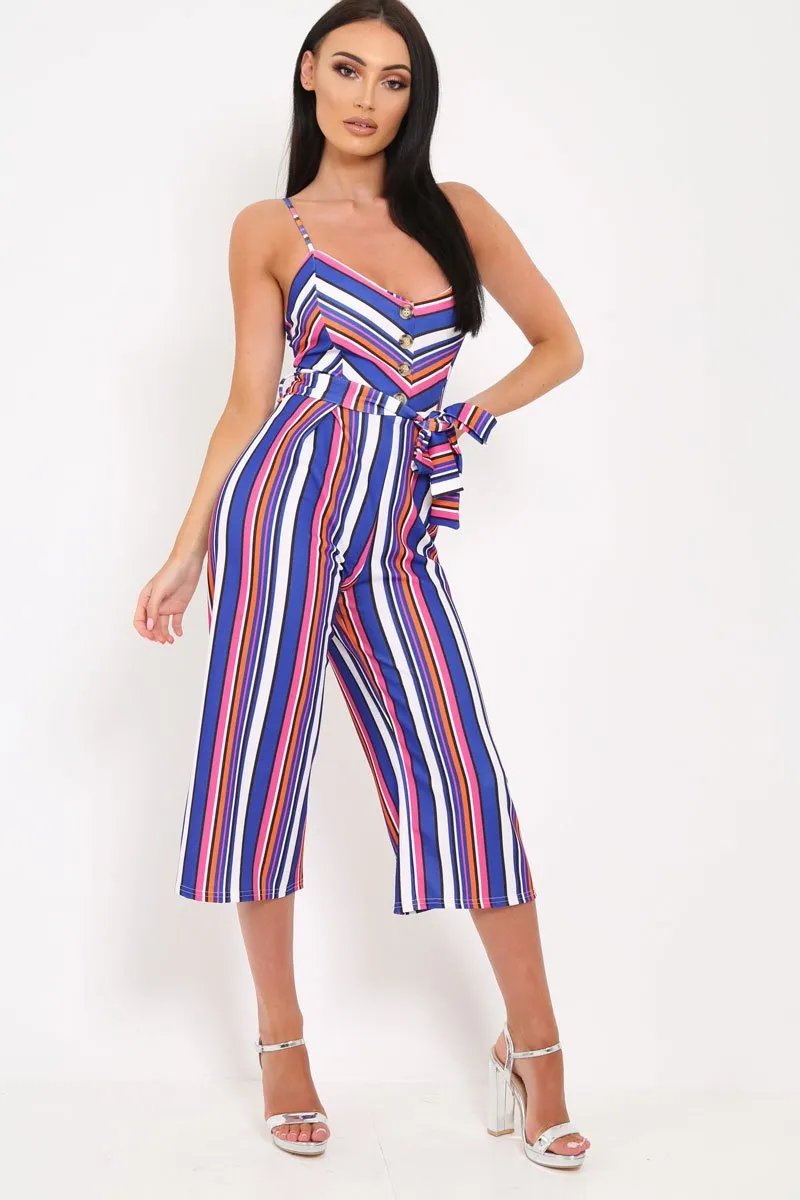 Blue Stripe Button Front Tie Waist Jumpsuit - Tavi