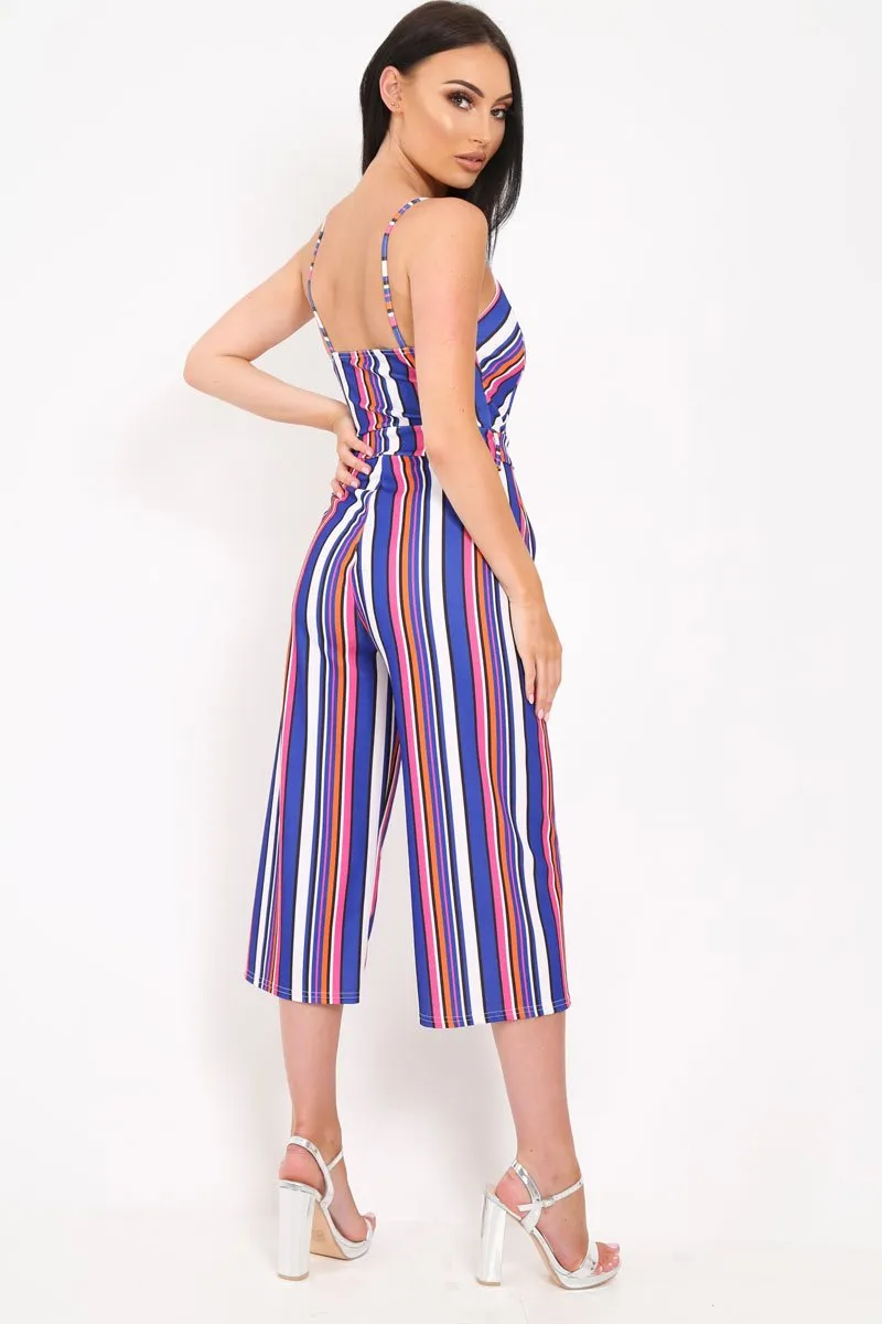 Blue Stripe Button Front Tie Waist Jumpsuit - Tavi