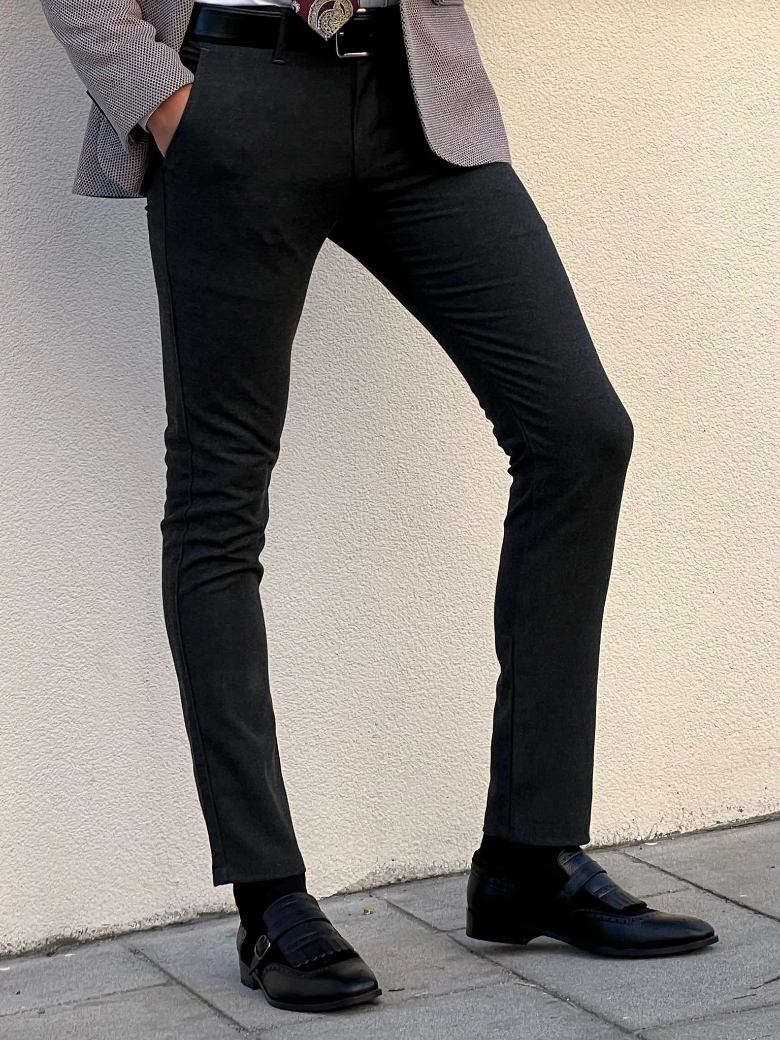 Bojoni Astoria Slim Fit High Quality Gray Patterned Anthracite Pants