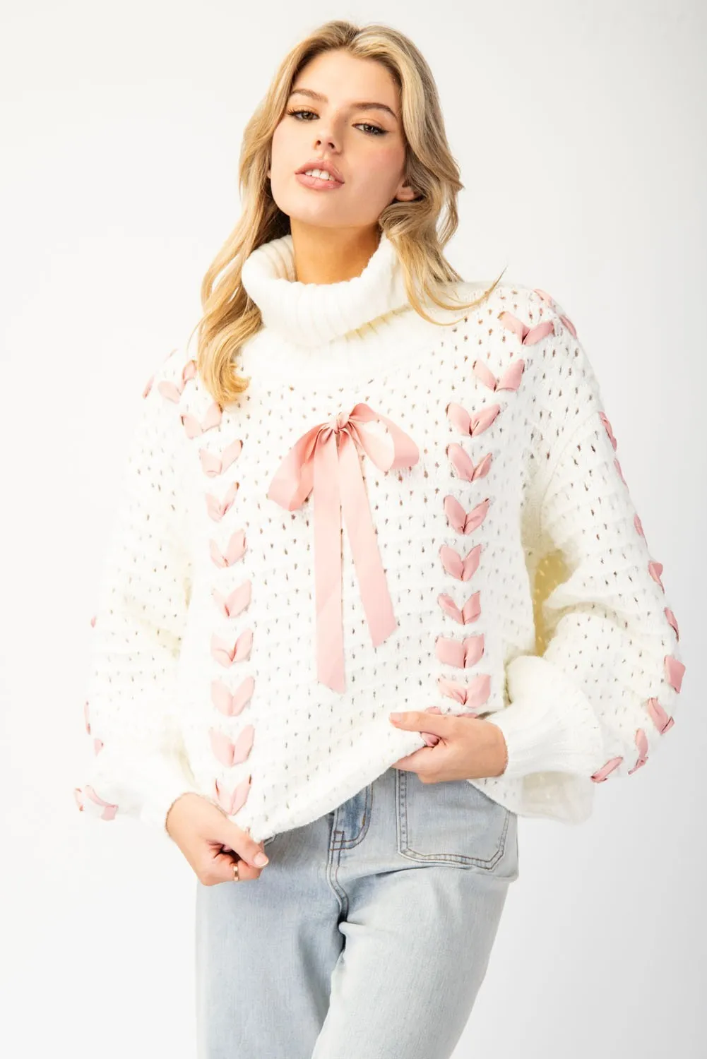 Bow Lace Point Turtle Neck Sweater