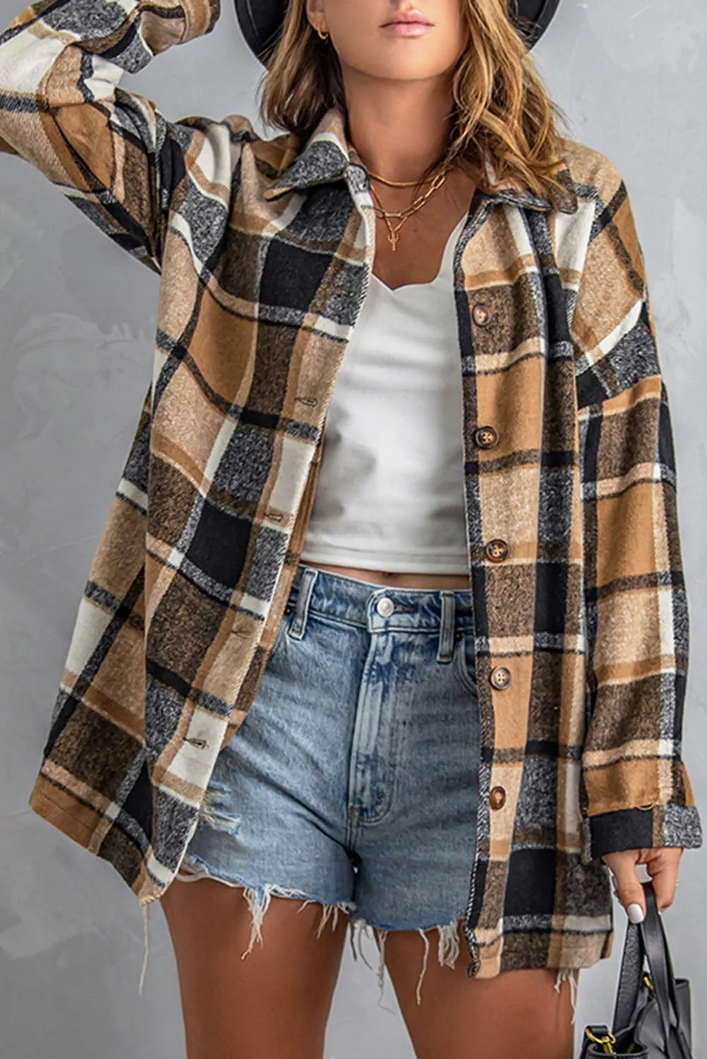 Brown Plaid Button Up Long Sleeve Flannel Shacket - Cozy Fashion