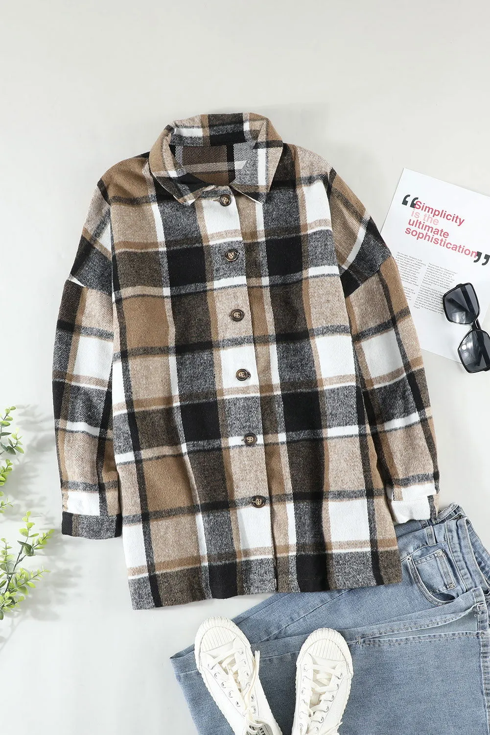 Brown Plaid Button Up Long Sleeve Flannel Shacket - Cozy Fashion