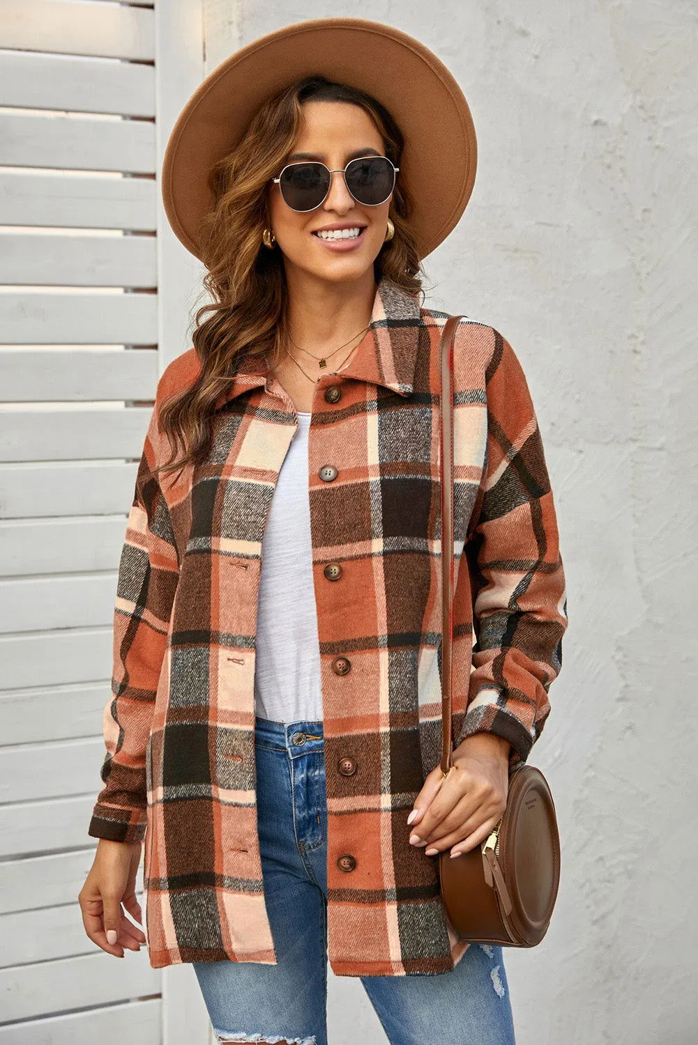 Brown Plaid Button Up Long Sleeve Flannel Shacket - Cozy Fashion