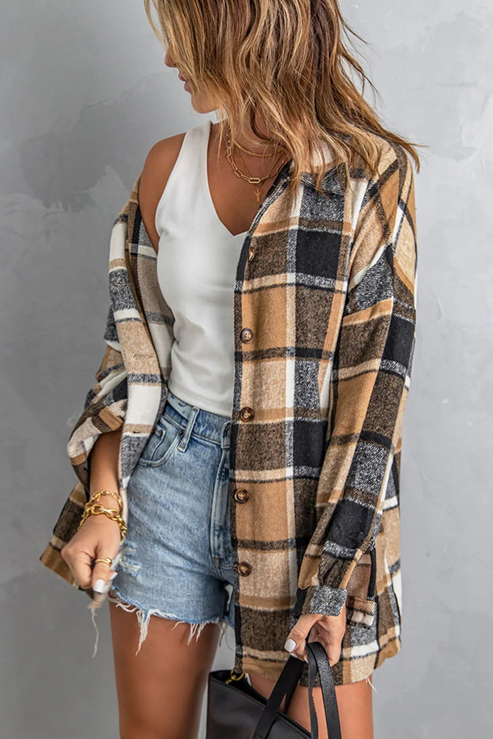 Brown Plaid Button Up Long Sleeve Flannel Shacket - Cozy Fashion