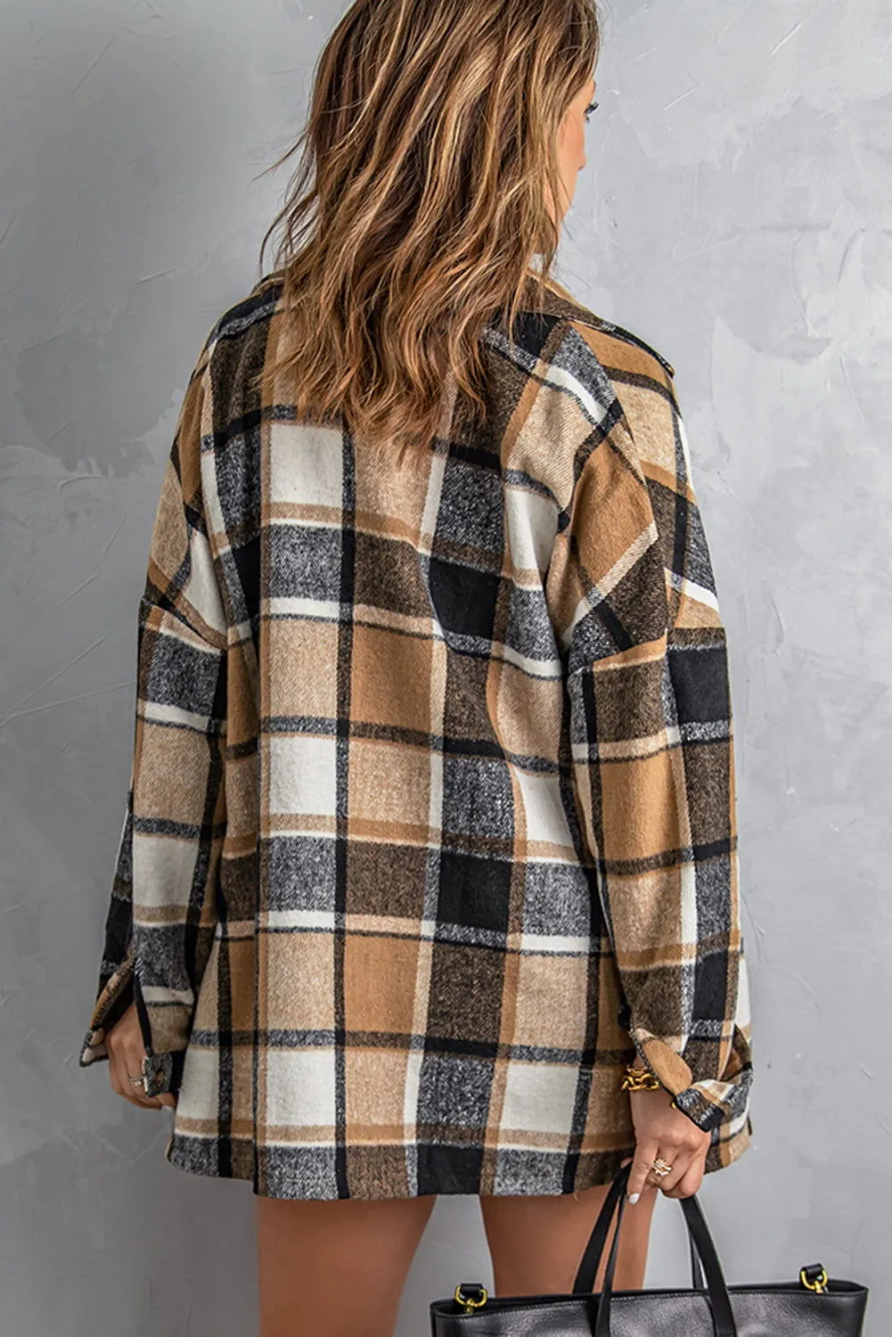 Brown Plaid Button Up Long Sleeve Flannel Shacket - Cozy Fashion