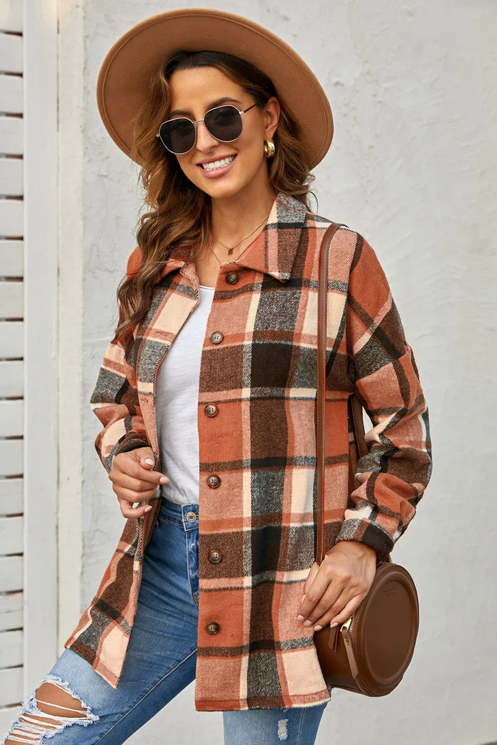 Brown Plaid Button Up Long Sleeve Flannel Shacket - Cozy Fashion