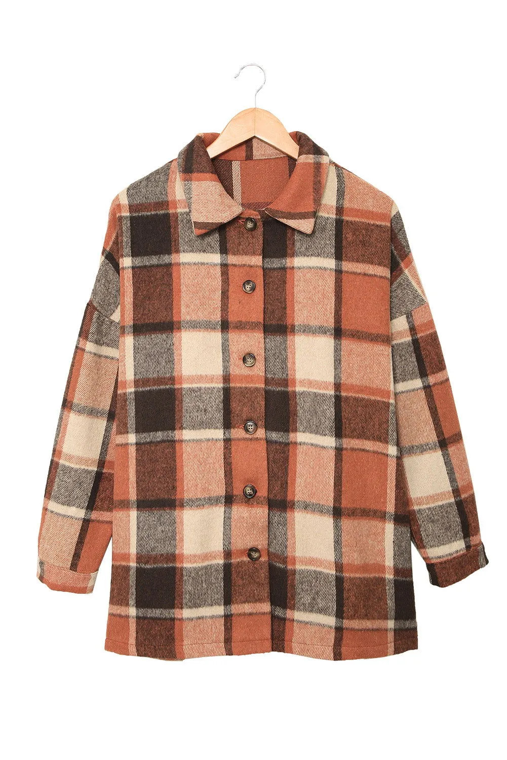 Brown Plaid Button Up Long Sleeve Flannel Shacket - Cozy Fashion