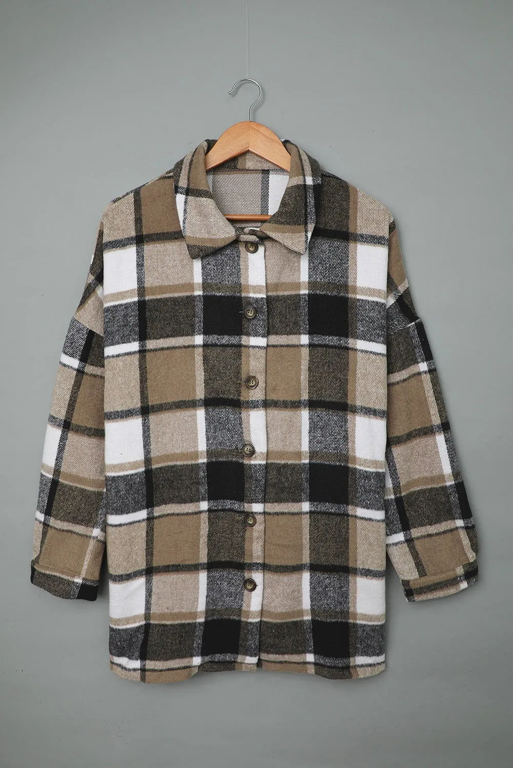 Brown Plaid Button Up Long Sleeve Flannel Shacket - Cozy Fashion