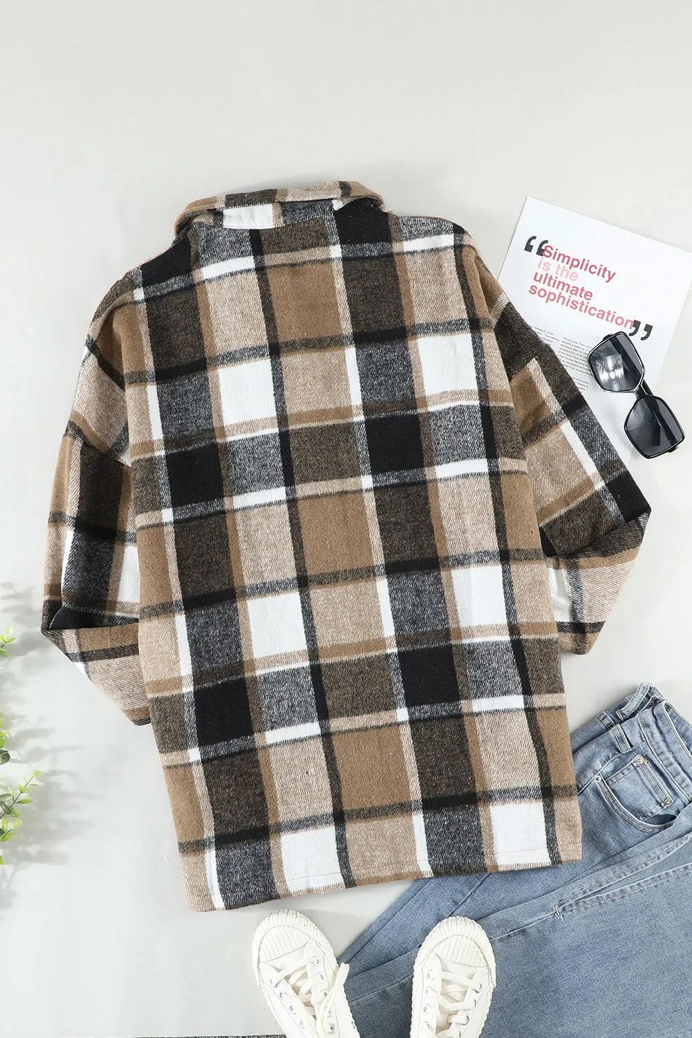 Brown Plaid Button Up Long Sleeve Flannel Shacket - Cozy Fashion