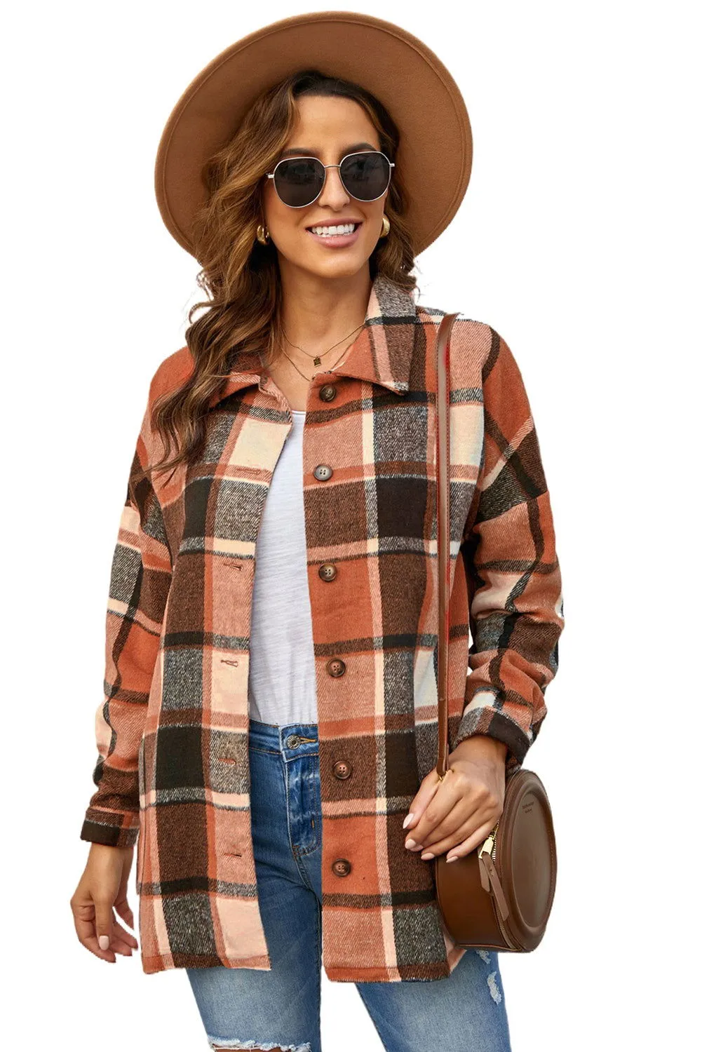 Brown Plaid Button Up Long Sleeve Flannel Shacket - Cozy Fashion