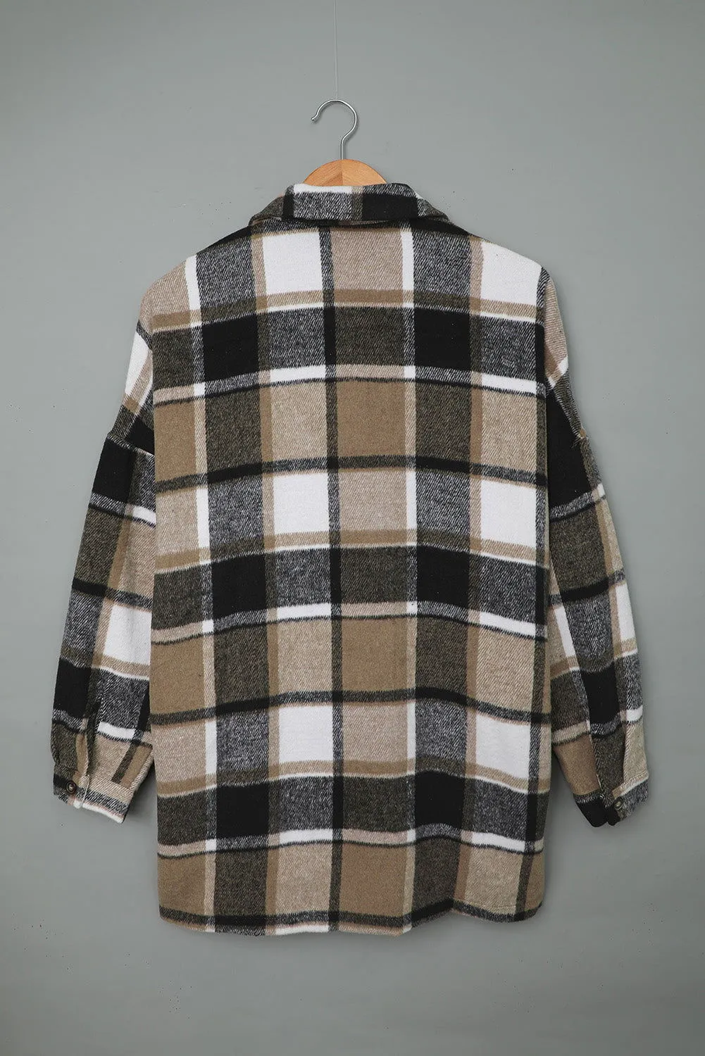 Brown Plaid Button Up Long Sleeve Flannel Shacket - Cozy Fashion