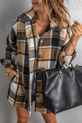 Brown Plaid Button Up Long Sleeve Flannel Shacket - Cozy Fashion