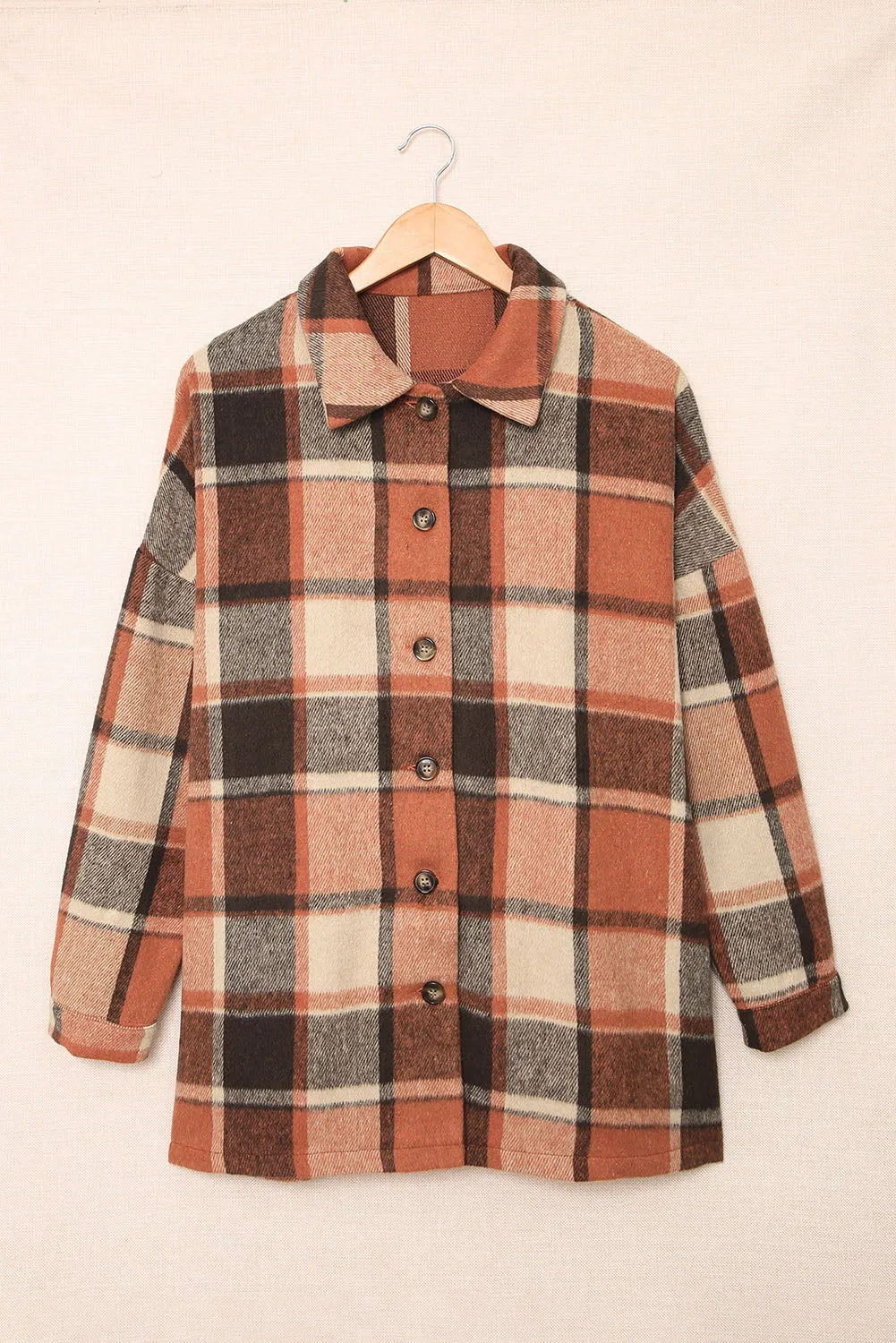 Brown Plaid Button Up Long Sleeve Flannel Shacket - Cozy Fashion