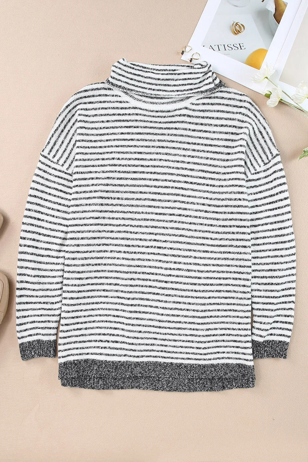 Brown Striped Turtleneck Oversized Sweater