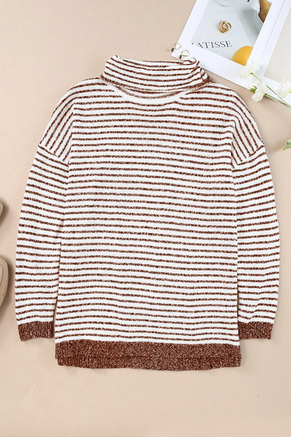 Brown Striped Turtleneck Oversized Sweater