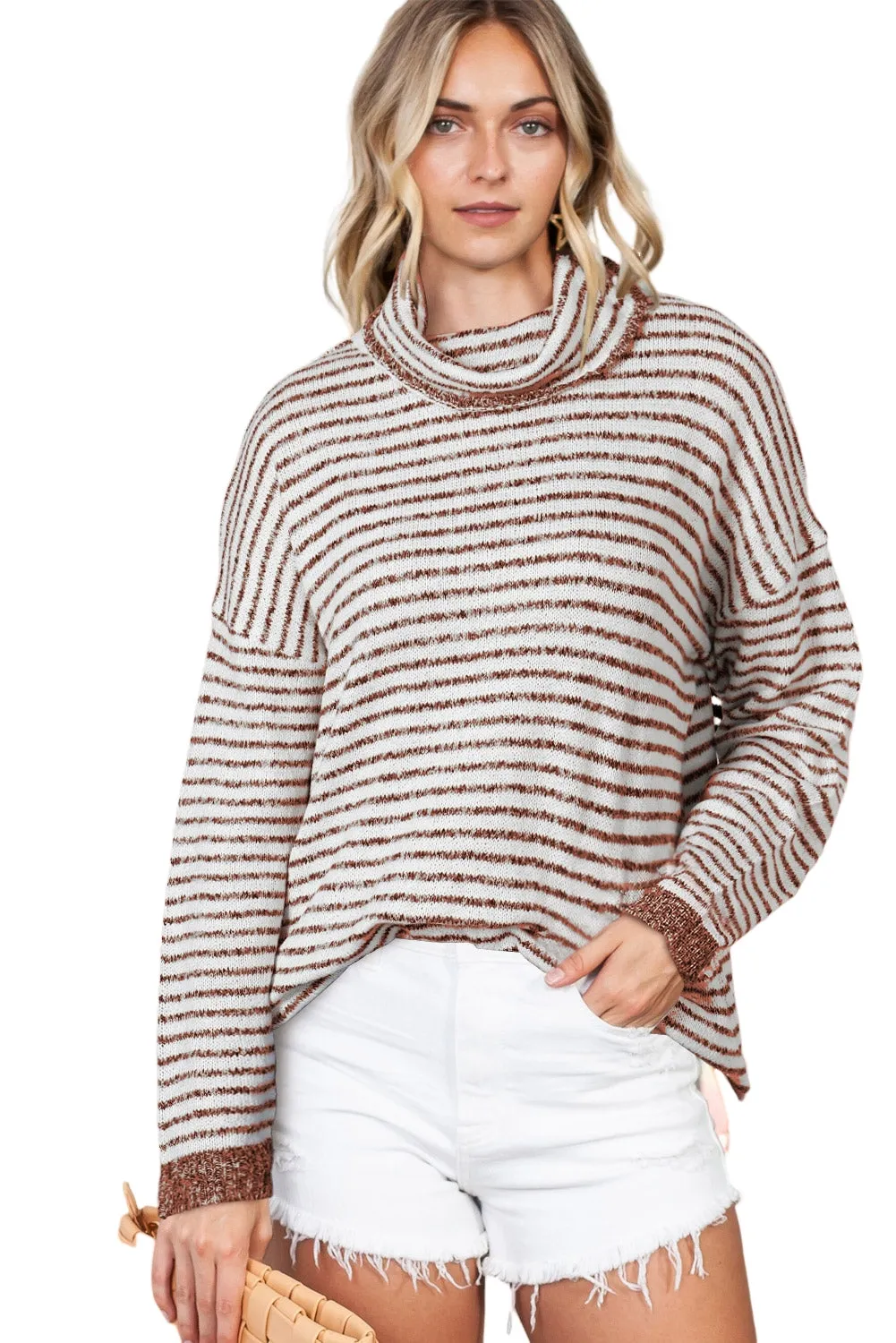 Brown Striped Turtleneck Oversized Sweater